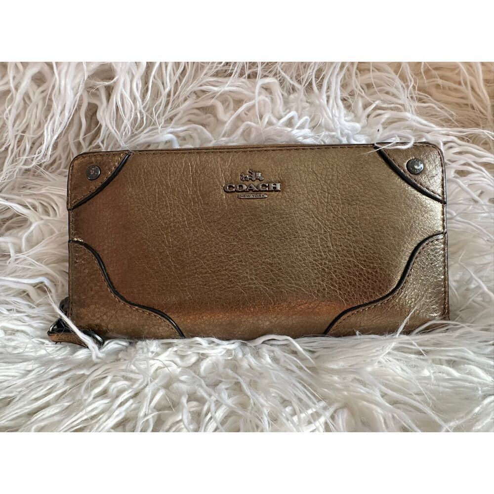 COACH BRASS GRAIN LEATHER MICKIE ACCORDION ZIP WALLET